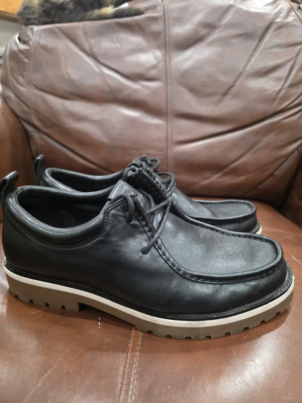Coach Men's Black Leather Lug-Sole Boots with Cream Contrast Sole
